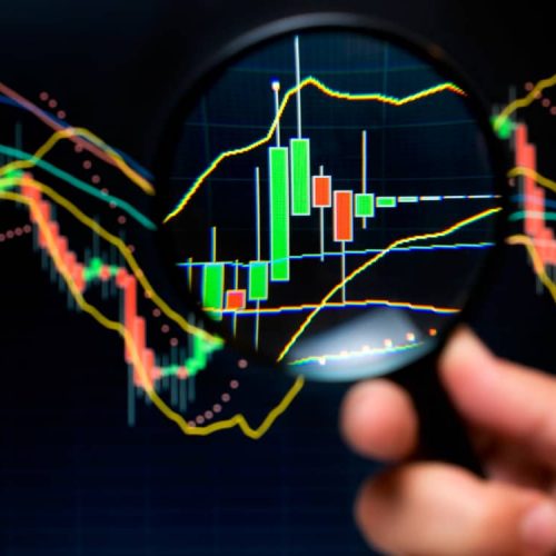 Magnifier and graph, basic tools of technical analysis on the stock market.