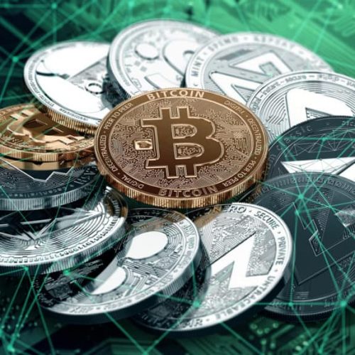 Huge stack of cryptocurrencies in a circle with a golden bitcoin in the middle. Different cryptocurrencies concept. 3D illustration